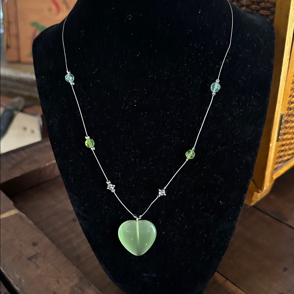 Vintage Green Jade & Silver Heart Pendant